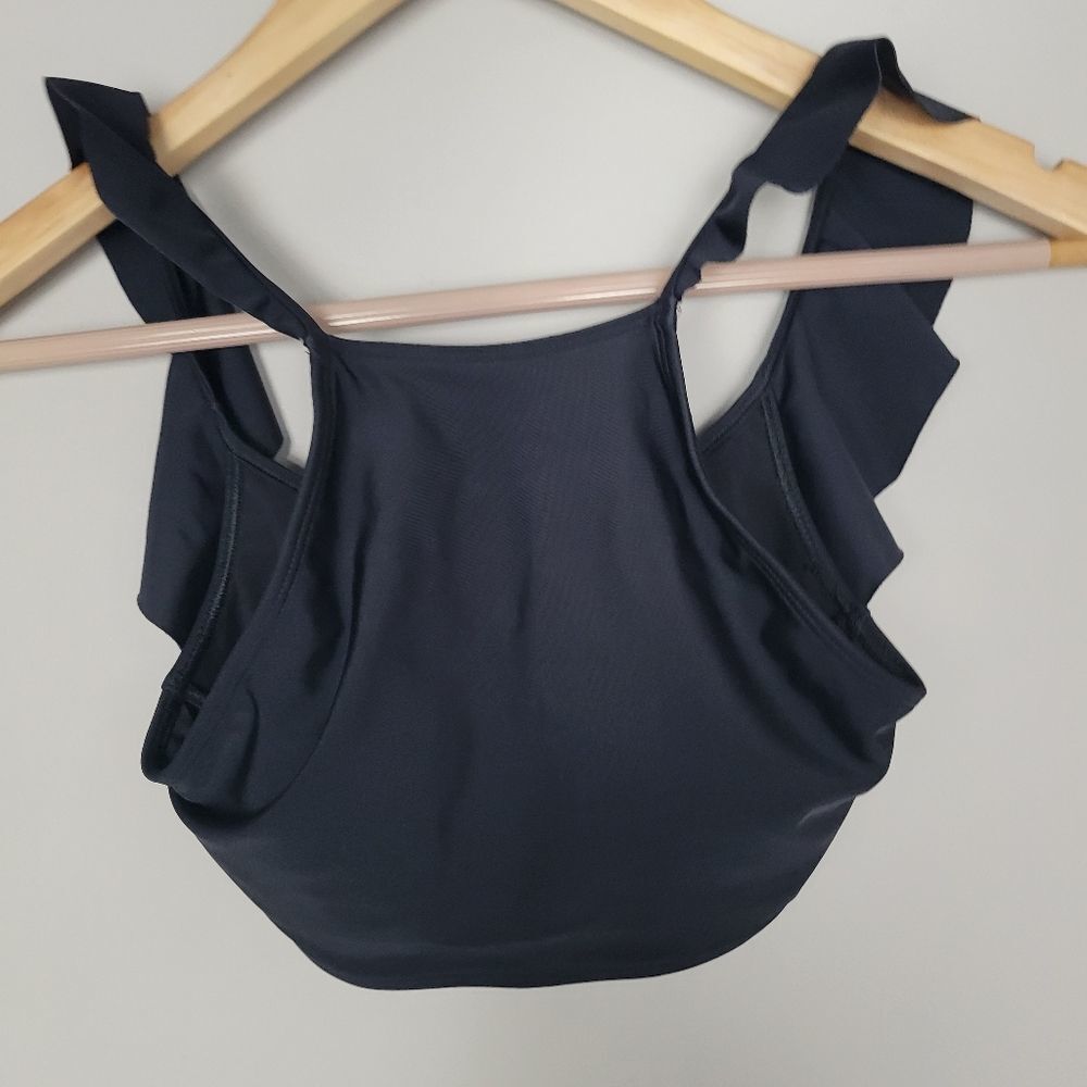 Aerie Black Ruffle Straps Scoop Padded Swimsuit Bikini Top Black Small